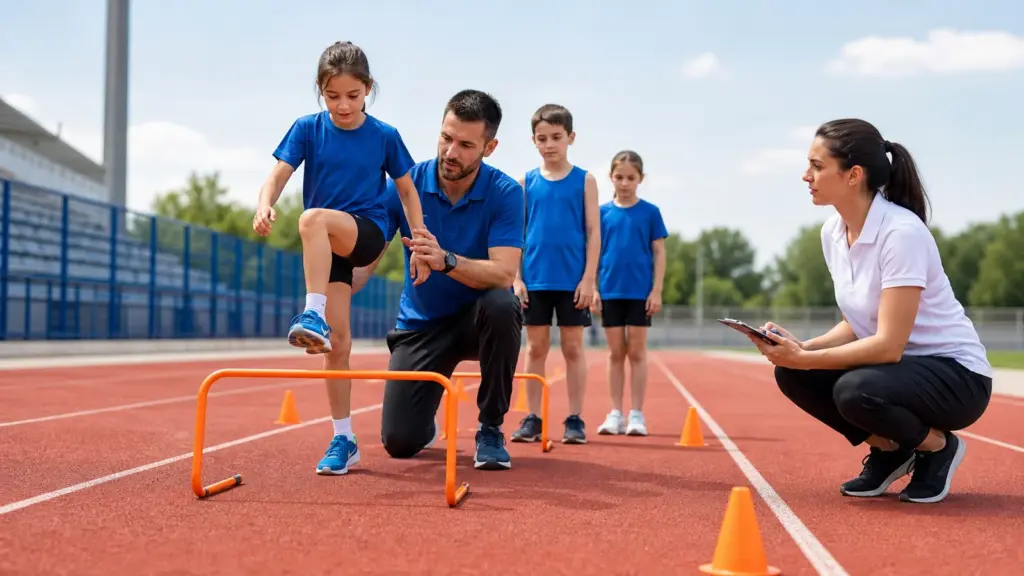 Atletizmde risk kontrolü: alan, yük ve gözetim rehberi Pistte engel üzerinden adım atan çocuğa yanında destek olan yetişkin, arkada iki çocuk ve dosya tutan ikinci yetişkin
