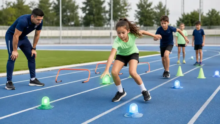 Atletizm pistinde renkli ışıklı işaretlerin yanında hareket eden çocuklar ve onları izleyen yetişkin