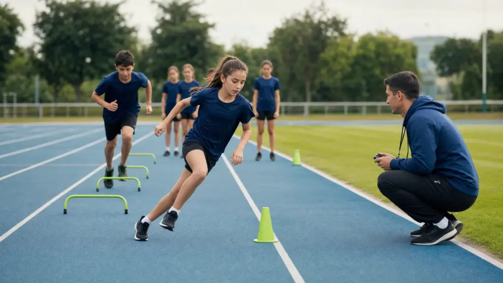 Atletizmde Yetenek Seçimi Nasıl Yapılır? Çocuklar İçin Rehber 20 metre mekik koşusu protokolünün doğru ve güvenli uygulaması yapan çocuklar ve uygulamayı izleyen spor bilimci.
