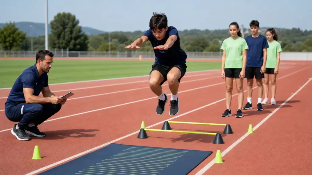 Atletizmde Sürat Koşuları İçin Hangi Özellikler Önemlidir? Durarak uzun atlama testi protokolünün doğru ve güvenli uygulaması yapan çocuklar ve uygulamayı izleyen spor bilimci.