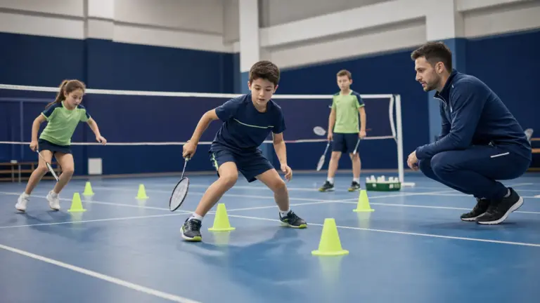 Badminton salonunda koniler arasında raket tutarak hareket eden üç çocuk ve çömelerek izleyen bir yetişkin