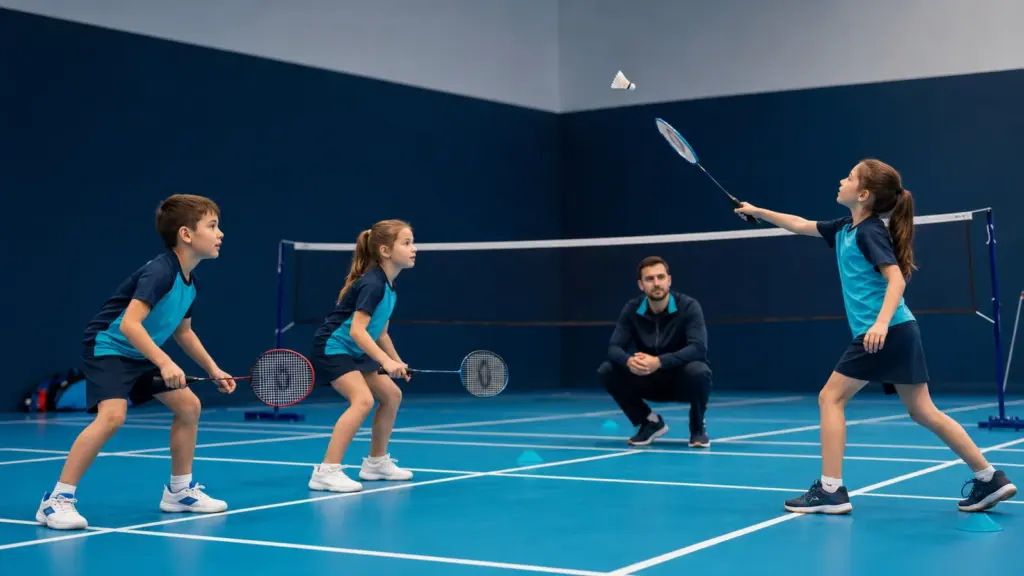 Badmintona Başlangıç: 8–10 Yaş İçin İlk Ders Kararı Badminton sahasında raket tutan üç çocuk, havada bir tüytop ve arkada çömelerek izleyen bir yetişkin