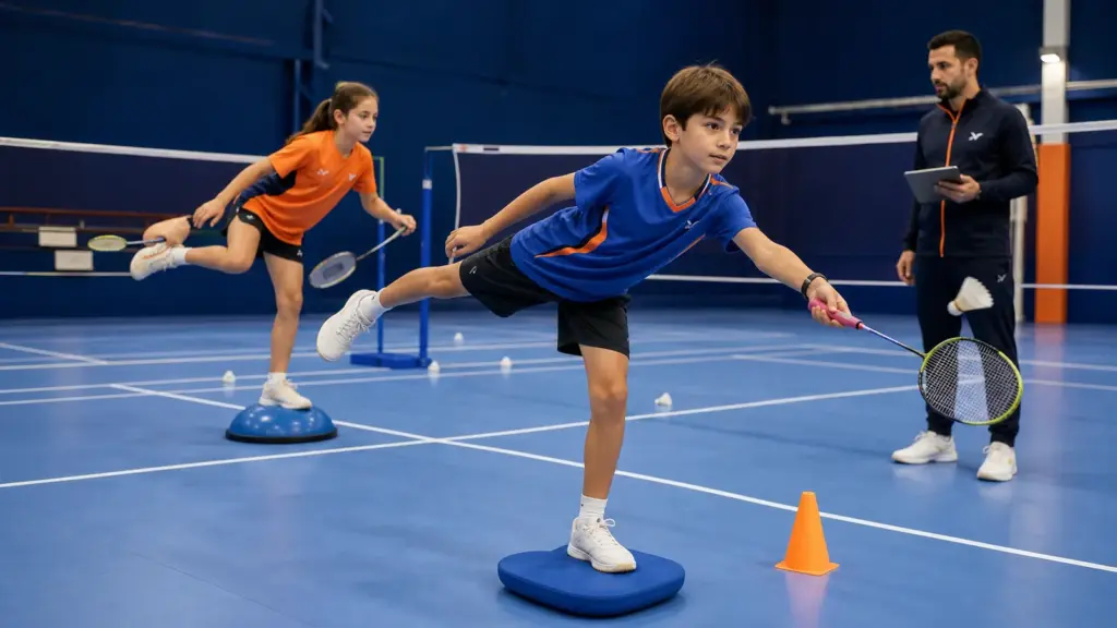 Badmintonda Denge: 8–10 Yaşta Durma ve Yeniden Yerleşme Denge yüzeyleri üzerinde tek ayak dururken raketlerini uzatan iki çocuk ve tablet taşıyan bir yetişkin