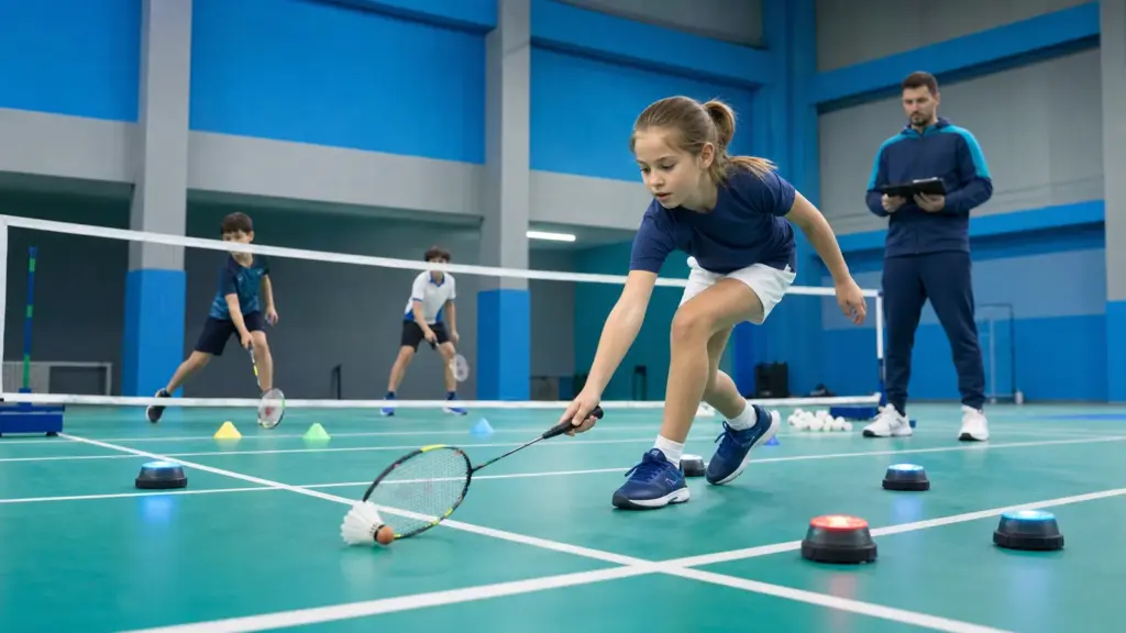 Badmintonda Koordinasyon ve Reaksiyon: 8–10 Yaş Rehberi Raketini yerdeki tüytopa uzatan bir çocuk, renkli ışıklı işaretler ve arkada diğer çocuklarla izleyen bir yetişkin