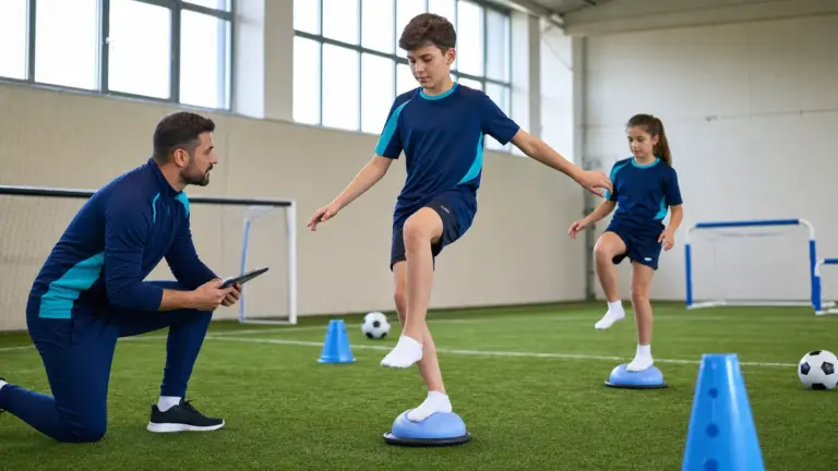 Denge ölçümü protokolünün doğru ve güvenli uygulaması yapan çocuklar ve uygulamayı izleyen spor bilimci.