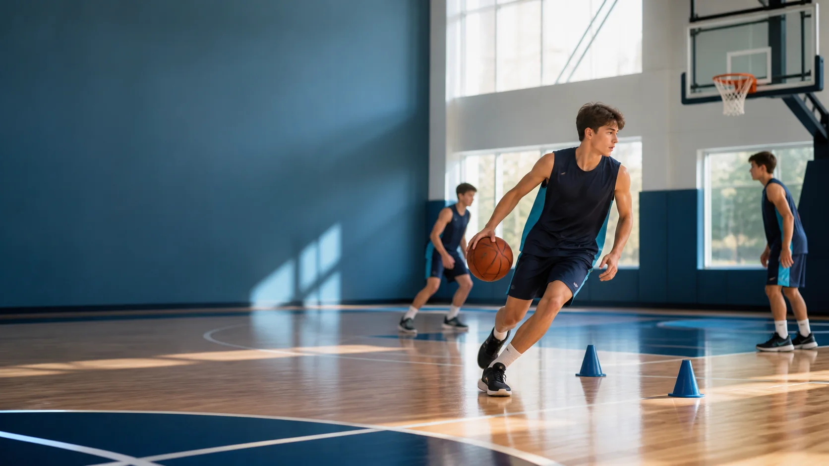 Basketbol İçin Hangi Fiziksel Özellikler Önemlidir? Kapalı salonda yön değiştirme drili yapan genç basketbolcular