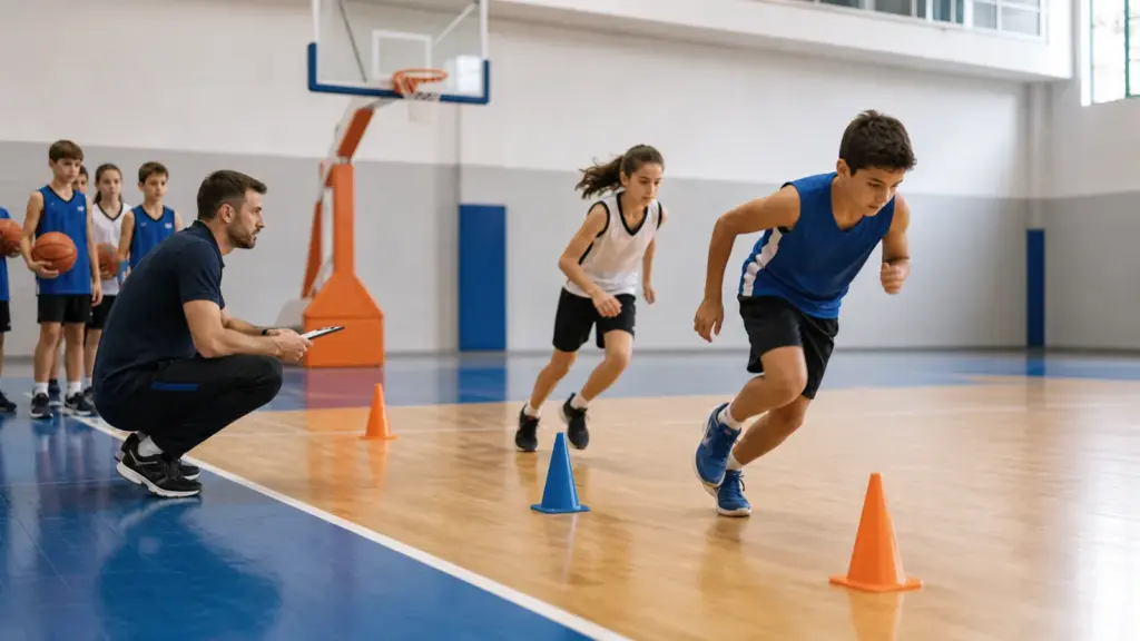 20 metre mekik koşusu protokolünün doğru ve güvenli uygulaması yapan çocuklar ve uygulamayı izleyen spor bilimci.