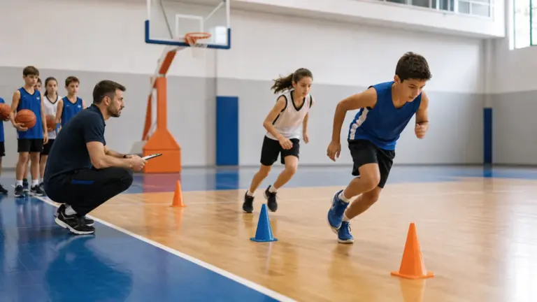20 metre mekik koşusu protokolünün doğru ve güvenli uygulaması yapan çocuklar ve uygulamayı izleyen spor bilimci.