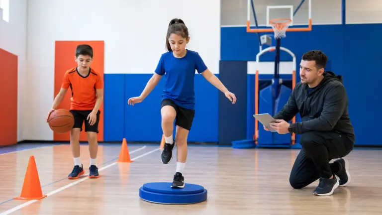 Denge ölçümü protokolünün doğru ve güvenli uygulaması yapan çocuklar ve uygulamayı izleyen spor bilimci.