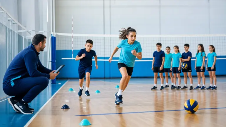 Voleybol salonunda işaretli koşu alanındaki çocukları tabletle gözlemleyen bir yetişkin