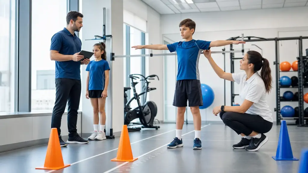 Boy, Kilo ve Kol Açıklığı Nasıl Doğru Ölçülür? Persentil ve norm yorumlama protokolünün doğru ve güvenli uygulaması yapan çocuklar ve uygulamayı izleyen spor bilimci.