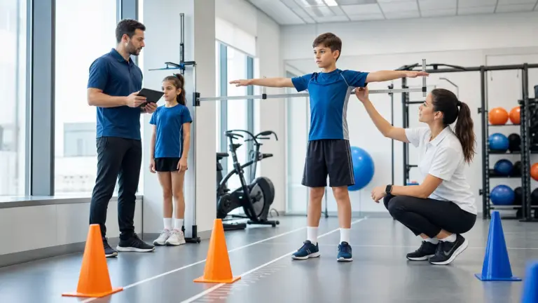 Persentil ve norm yorumlama protokolünün doğru ve güvenli uygulaması yapan çocuklar ve uygulamayı izleyen spor bilimci.