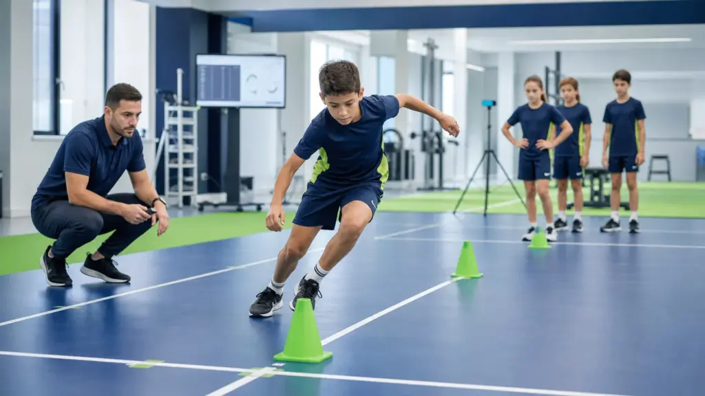Büyüme Atağı Spor Testi Sonuçlarını Nasıl Etkiler? T-Test çeviklik parkuru protokolünün doğru ve güvenli uygulaması yapan çocuklar ve uygulamayı izleyen spor bilimci.