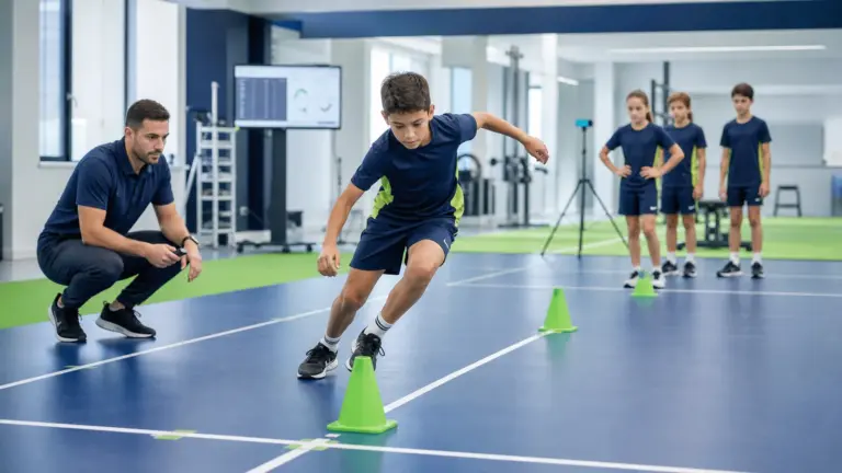 T-Test çeviklik parkuru protokolünün doğru ve güvenli uygulaması yapan çocuklar ve uygulamayı izleyen spor bilimci.