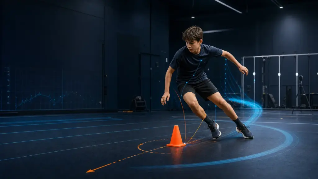 Çeviklik Nasıl Geliştirilir? Çocuklar İçin Bilimsel Rehber Çocuklarda çeviklik, frenleme ve yön değiştirme çalışmasını gösteren spor performans laboratuvarı