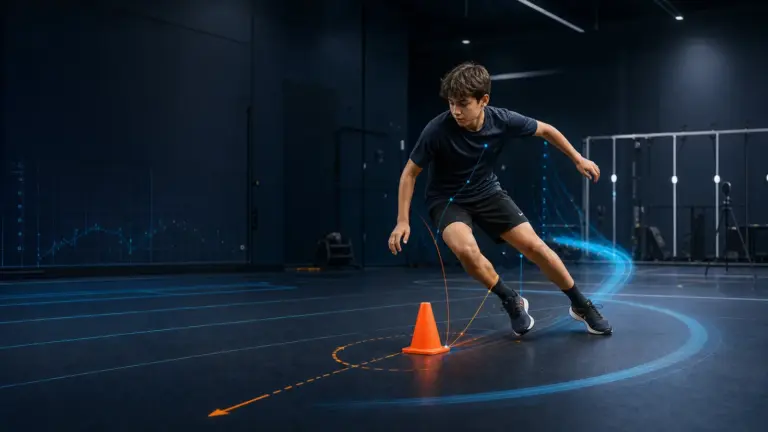 Çocuklarda çeviklik, frenleme ve yön değiştirme çalışmasını gösteren spor performans laboratuvarı