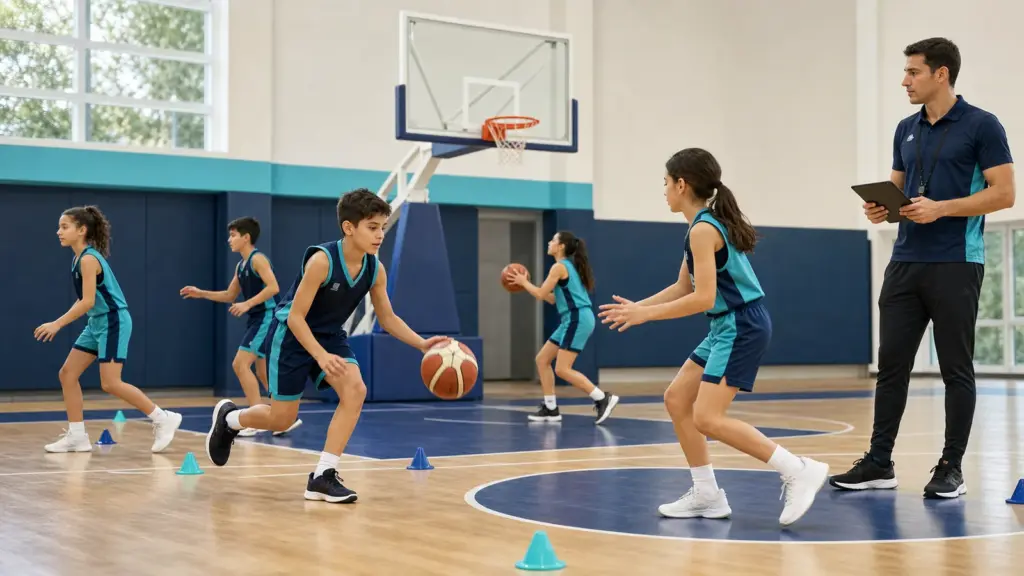 Çocuklarda İlgi Alanı ve Fiziksel Uyum Top sürme, pas ve potaya yaklaşma ile ilgili kontrollü hareket yapan çocuklar ve uygulamayı izleyen spor bilimci.