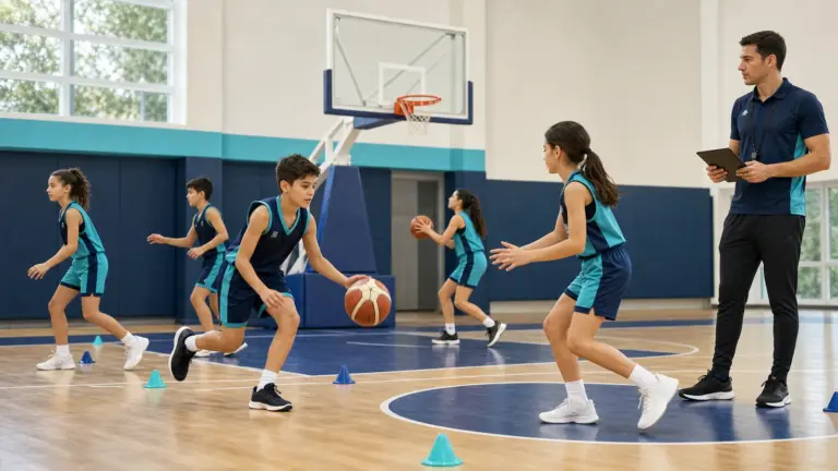 Top sürme, pas ve potaya yaklaşma ile ilgili kontrollü hareket yapan çocuklar ve uygulamayı izleyen spor bilimci.