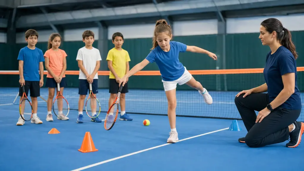 Çocuklar İçin Tenis: Raket Sporlarına Başlangıç Rehberi Denge ölçümü protokolünün doğru ve güvenli uygulaması yapan çocuklar ve uygulamayı izleyen spor bilimci.
