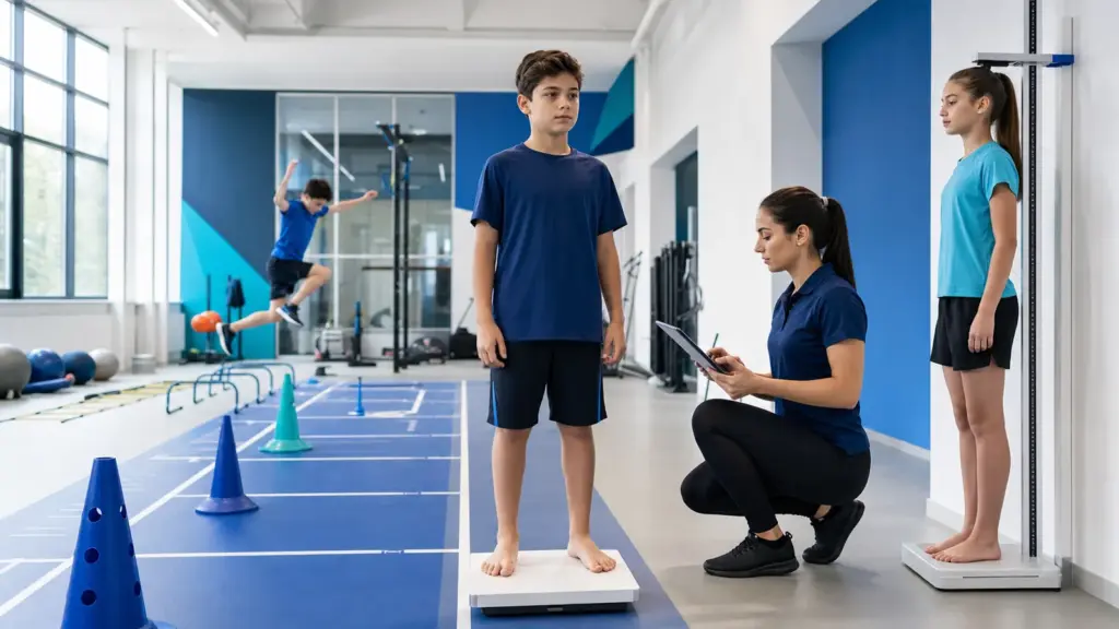 Çocuklarda BKİ Nasıl Yorumlanır? Yaş ve Cinsiyet Neden Önemlidir? Beden kütle indeksi protokolünün doğru ve güvenli uygulaması yapan çocuklar ve uygulamayı izleyen spor bilimci.