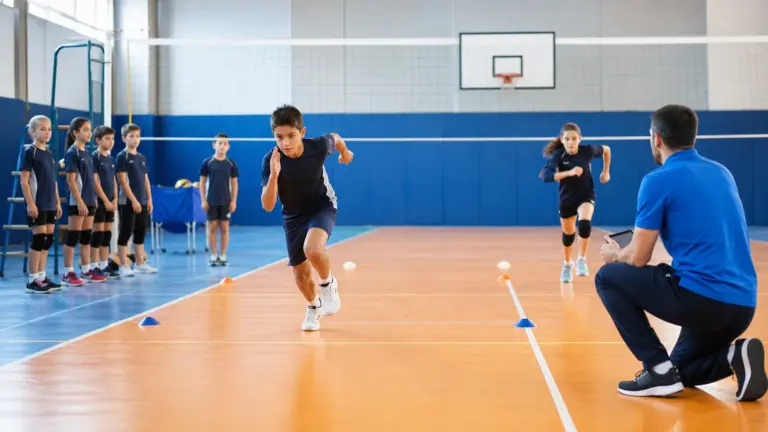 20 metre sürat testi protokolünün doğru ve güvenli uygulaması yapan çocuklar ve uygulamayı izleyen spor bilimci.