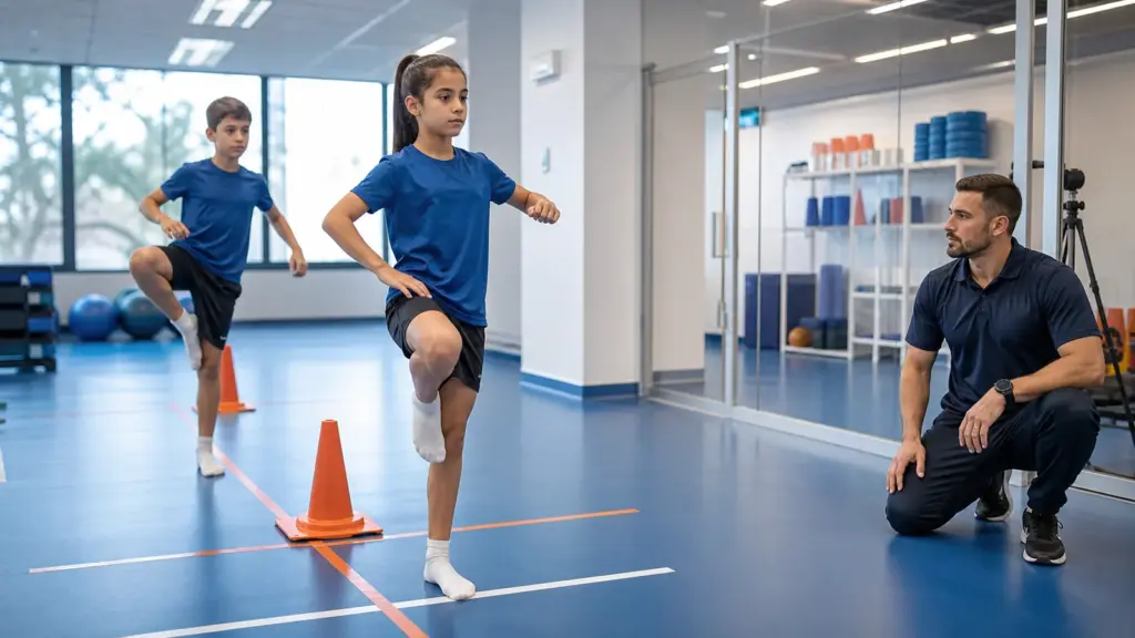 Flamingo denge testi protokolünün doğru ve güvenli uygulaması yapan çocuklar ve uygulamayı izleyen spor bilimci.