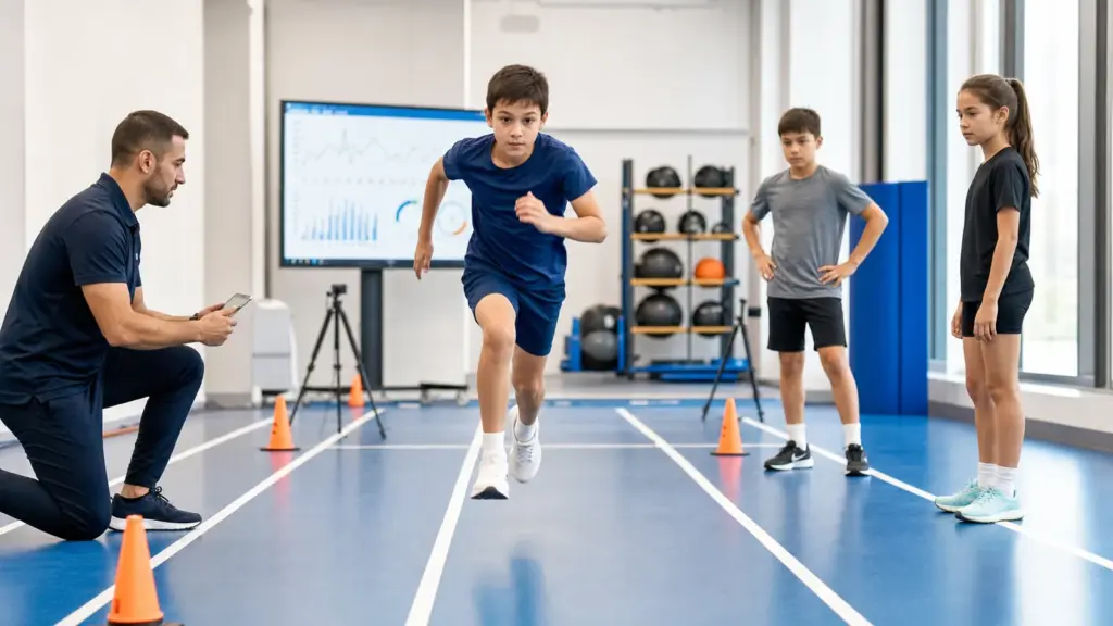 Çocuklarda Fiziksel Uygunluk Testleri: Güvenli Uygulama Rehberi 20 metre mekik koşusu protokolünün doğru ve güvenli uygulaması yapan çocuklar ve uygulamayı izleyen spor bilimci.