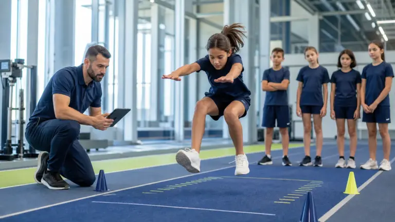 Durarak uzun atlama testi protokolünün doğru ve güvenli uygulaması yapan çocuklar ve uygulamayı izleyen spor bilimci.