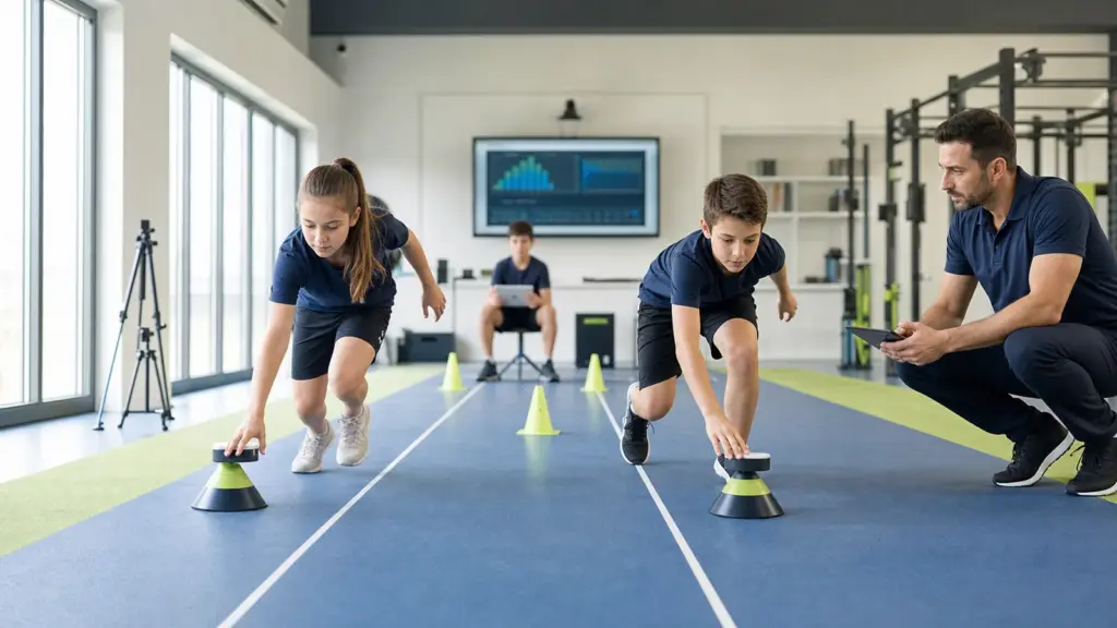 Çocuklarda Reaksiyon Süresi Nasıl Ölçülür? Reaksiyon süresi ölçümü protokolünün doğru ve güvenli uygulaması yapan çocuklar ve uygulamayı izleyen spor bilimci.