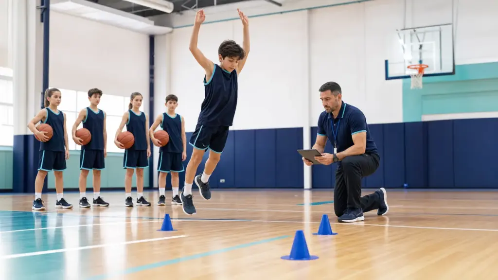 Çocuklarda Spor Yönlendirmesi Nasıl Yapılmalı? Durarak uzun atlama testi protokolünün doğru ve güvenli uygulaması yapan çocuklar ve uygulamayı izleyen spor bilimci.