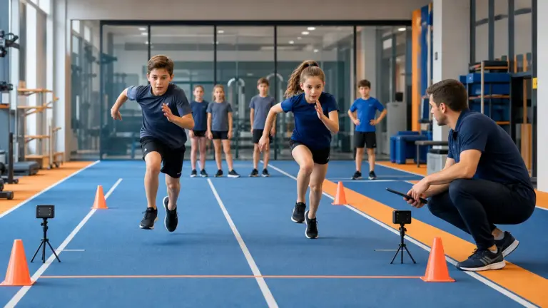 20 metre sürat testi protokolünün doğru ve güvenli uygulaması yapan çocuklar ve uygulamayı izleyen spor bilimci.
