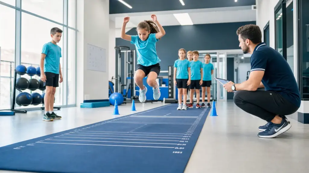Çocuklarda Test Sonucu ve Ölçüm Koşulları Durarak uzun atlama testi protokolünün doğru ve güvenli uygulaması yapan çocuklar ve uygulamayı izleyen spor bilimci.