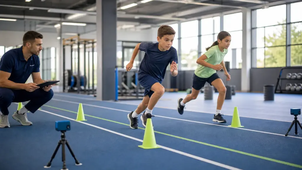 Çocuklarda Test Tekrarı ve Ölçüm Hatası Nasıl Yorumlanır? 20 metre sürat testi protokolünün doğru ve güvenli uygulaması yapan çocuklar ve uygulamayı izleyen spor bilimci.