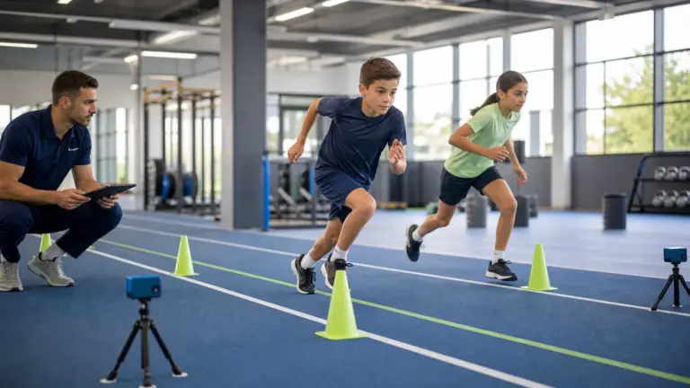 20 metre sürat testi protokolünün doğru ve güvenli uygulaması yapan çocuklar ve uygulamayı izleyen spor bilimci.