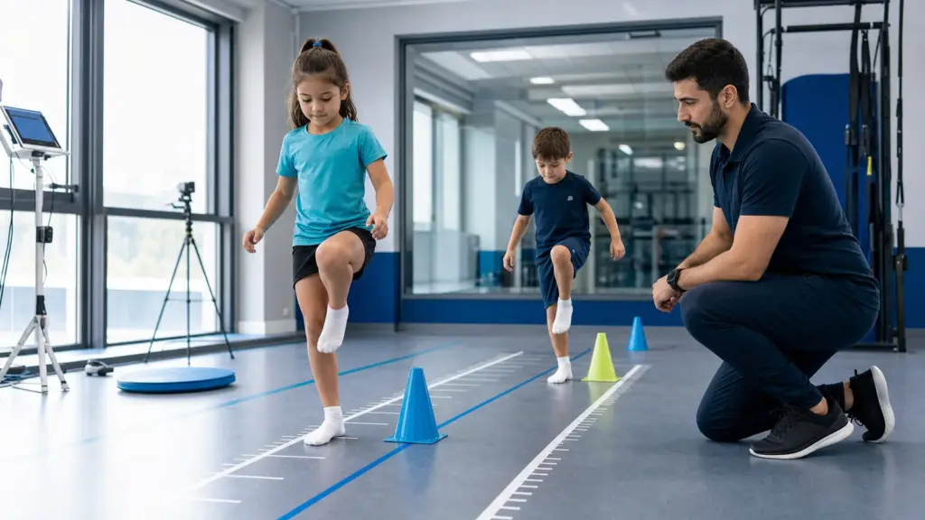 Denge Nasıl Geliştirilir? Çocuklar İçin Bilimsel Rehber Flamingo denge testi protokolünün doğru ve güvenli uygulaması yapan çocuklar ve uygulamayı izleyen spor bilimci.