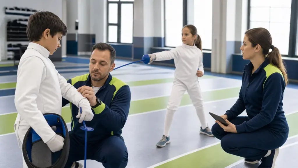 Eskrimde Yardım İstemek: Çocuğu Dinlemek ve Bildirmek Öndeki çocuğun koluna temas eden çömelmiş yetişkin; sağda tablet tutan yetişkin ve arkada mavi eskrim aracı tutan çocuk
