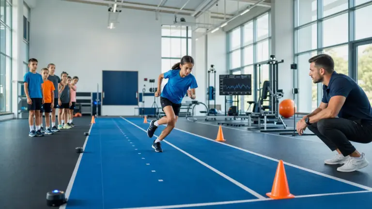20 metre mekik koşusu protokolünün doğru ve güvenli uygulaması yapan çocuklar ve uygulamayı izleyen spor bilimci.