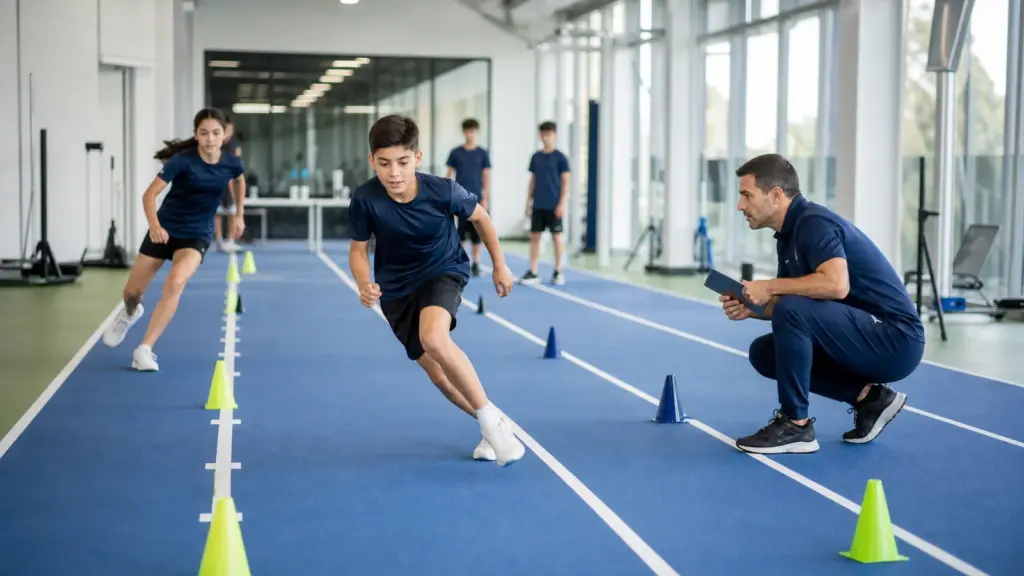 Fiziksel Testler Çocuklarda Ne Sıklıkla Tekrarlanmalıdır? 20 metre mekik koşusu protokolünün doğru ve güvenli uygulaması yapan çocuklar ve uygulamayı izleyen spor bilimci.