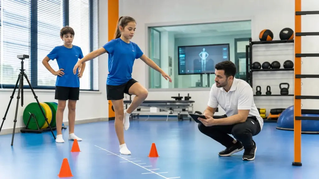 Çocuklar İçin Flamingo Denge Testi Rehberi Flamingo denge testi protokolünün doğru ve güvenli uygulaması yapan çocuklar ve uygulamayı izleyen spor bilimci.