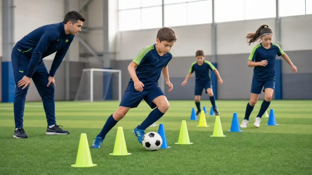 Sekiz–on yaşta futbolda çeviklik nasıl desteklenir? Koniler arasında kontrollü yön değiştirme parkuru yapan çocuklar ve uygulamayı izleyen spor bilimci.