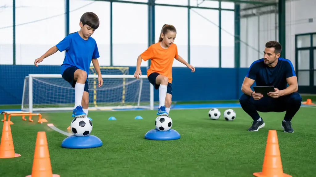 Futbolda denge gelişimi: sekiz–on yaş ebeveyn rehberi Tek ayak ve dinamik denge görevi yapan çocuklar ve uygulamayı izleyen spor bilimci.