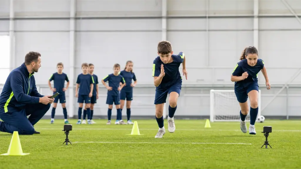 Futbol İçin Hangi Fiziksel Özellikler Önemlidir? 20 metre sürat testi protokolünün doğru ve güvenli uygulaması yapan çocuklar ve uygulamayı izleyen spor bilimci.
