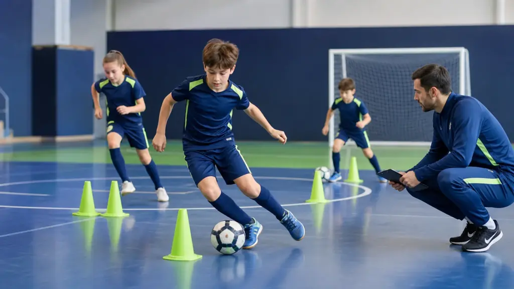 Çocuklarda Futsal Çevikliği: Hız, Yön ve Rakip Mavi sahada top, yeşil koniler, kişiler ve kale.