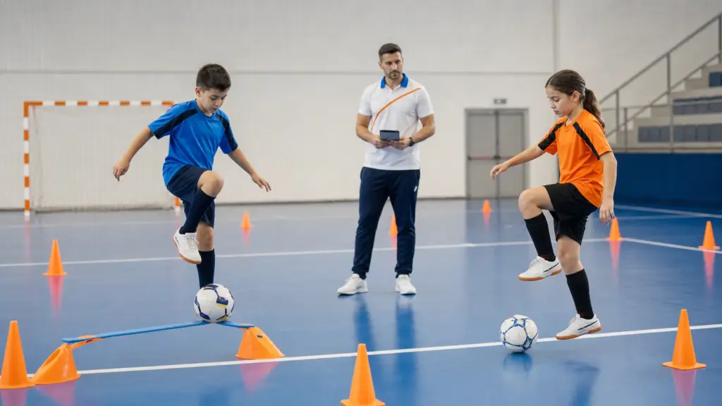 Futsalda Denge: Gözlem, Yorum ve Çocuğun Sorusu Salonda iki kişi dizini kaldırmış; arkada ekran tutan kişi, toplar ve koniler.