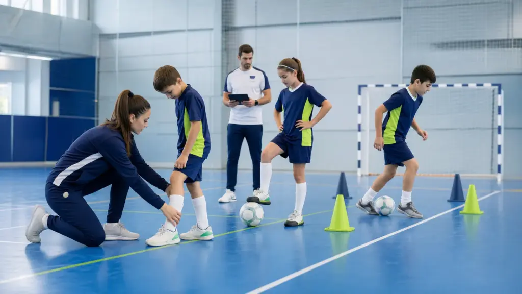 Futsalda Güvenlik: Salon, Eşya ve Çocuğun Sözü Salonda diz çöken kişi, toplar, koniler ve tablet tutan kişi.