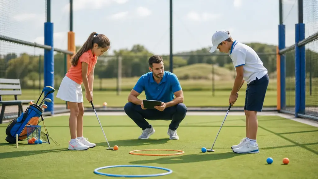 Golf becerileri: kısa oyundan tam vuruşa Golf alanında iki çocuk ve tablet tutan bir yetişkin.