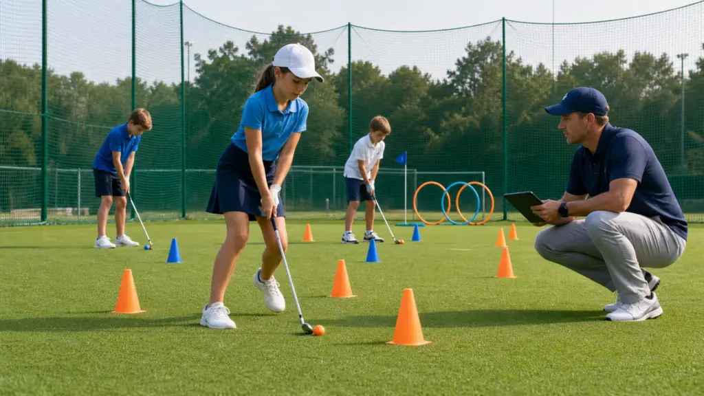 Çocuklarda Golf Çevikliği: Hareket ve Vuruş Farkı Golf sopalarıyla görünen üç çocuk, renkli koniler ve tablet tutan bir yetişkin.