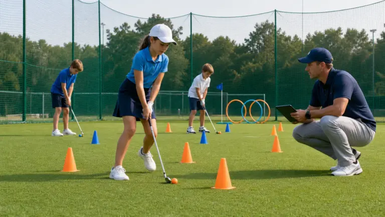 Golf sopalarıyla görünen üç çocuk, renkli koniler ve tablet tutan bir yetişkin.