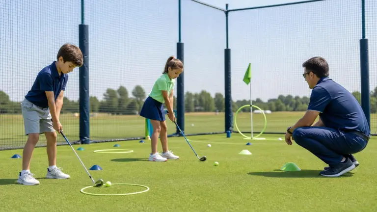 Golf sopası tutan iki kişi; sağda çömelmiş yetişkin, file, toplar ve çemberler.