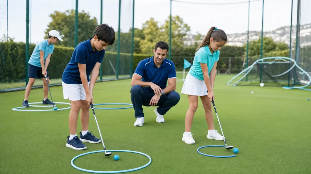 Çocuklarda Golf Dayanıklılığı: Yürüme, Tur ve Vuruş Halkaların içindeki toplara sopalarıyla yönelen üç çocuk ve yakınlarında çömelmiş bir yetişkin.